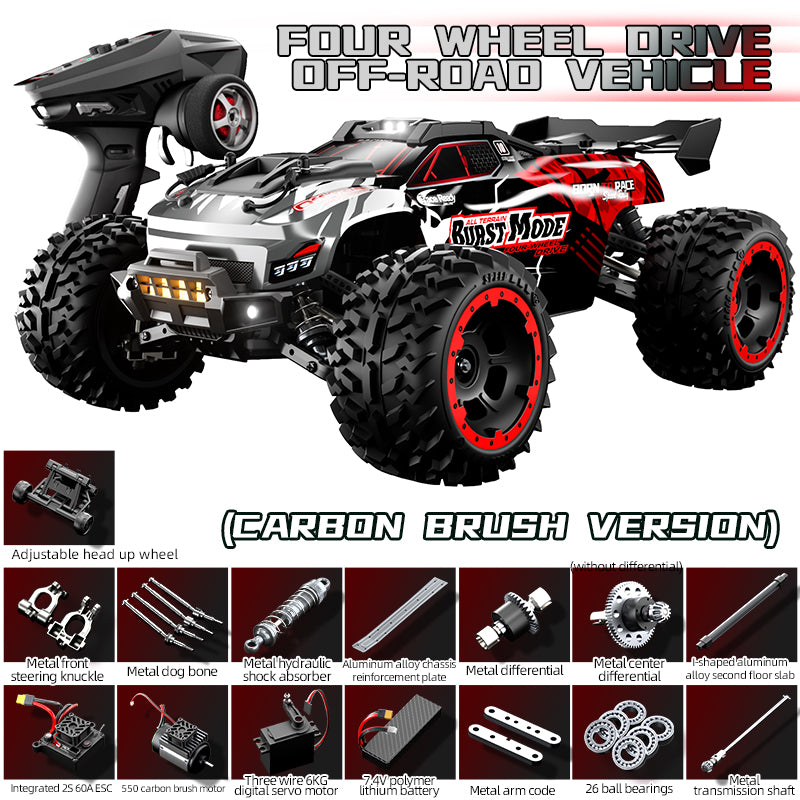 Red JJRC C8832 High Speed Off-road RC Car full vehicle appearance and parts list display